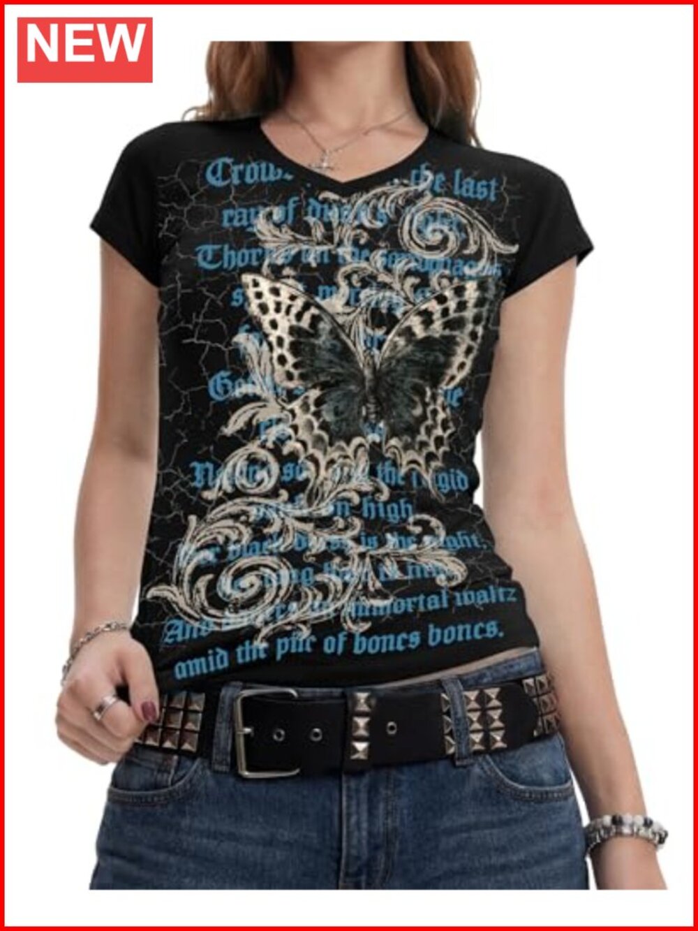 Gothic Graphic Cap Sleeve V-Neck Slim Fit T-Shirt Y2K Emo Punk